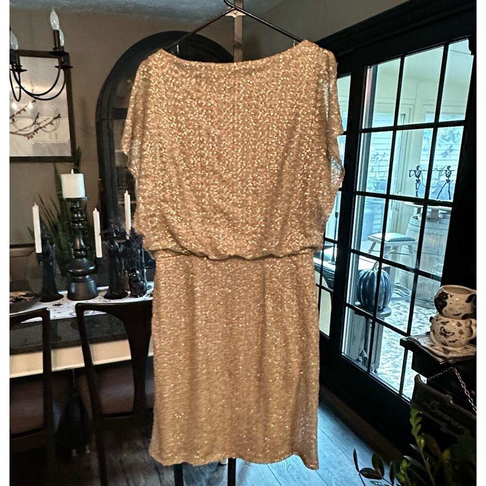 Ralph Lauren Vintage Midi Flutter Sleeve Champagne Beige Gold Sequin Dress 14 - Picture 5 of 8